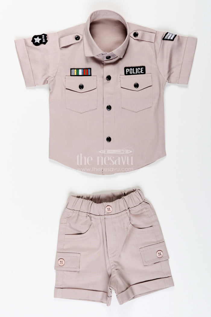 The Nesavu Boys Casual Set Toddler Boys Police Uniform Cotton Shirt and Shorts Set with Cap Nesavu Nesavu toddler boys cotton police uniform style shirt, shorts, and cap set