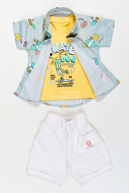 The Nesavu Boys Casual Set Toddler Boys Printed Shirt, T-Shirt, and Shorts Three-Piece Cotton Set Nesavu Nesavu toddler boys three-piece cotton set with printed shirt, T-shirt, and shorts