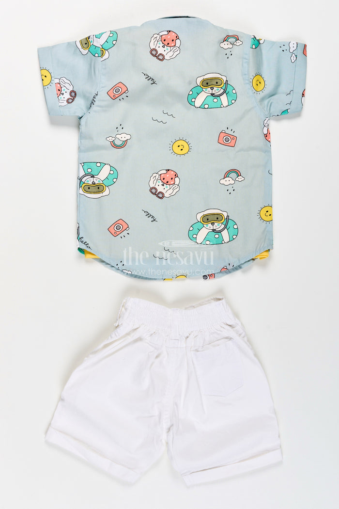 The Nesavu Boys Casual Set Toddler Boys Printed Shirt, T-Shirt, and Shorts Three-Piece Cotton Set Nesavu Nesavu toddler boys three-piece cotton set with printed shirt, T-shirt, and shorts