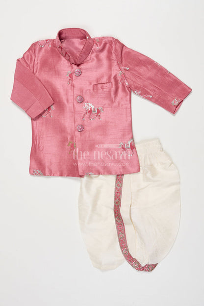 The Nesavu Boys Sherwani Toddler Boys Sherwani Set for Weddings and Ethnic Functions Nesavu 12 (3M) / Pink BES812C-12 Nesavu toddler boys sherwani set thread embroidery festive wedding wear