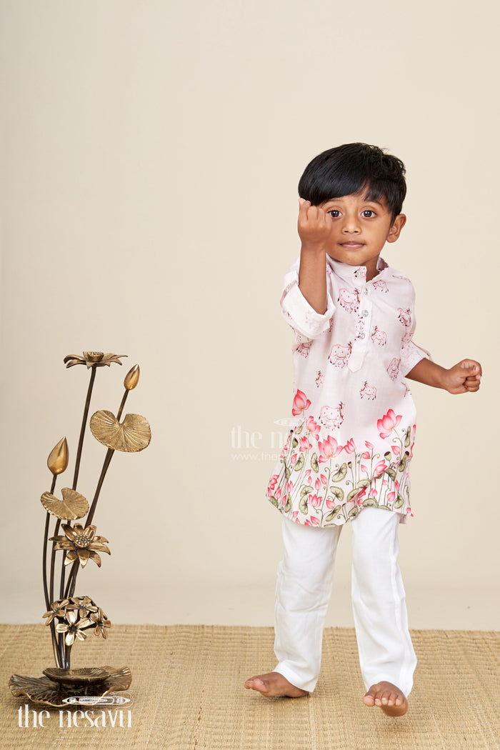 The Nesavu Boys Kurtha Set Toddler boys silk blend kurta and pants set with digital print Nesavu Nesavu toddler boys silk blend kurta and pants set with elephant and floral print