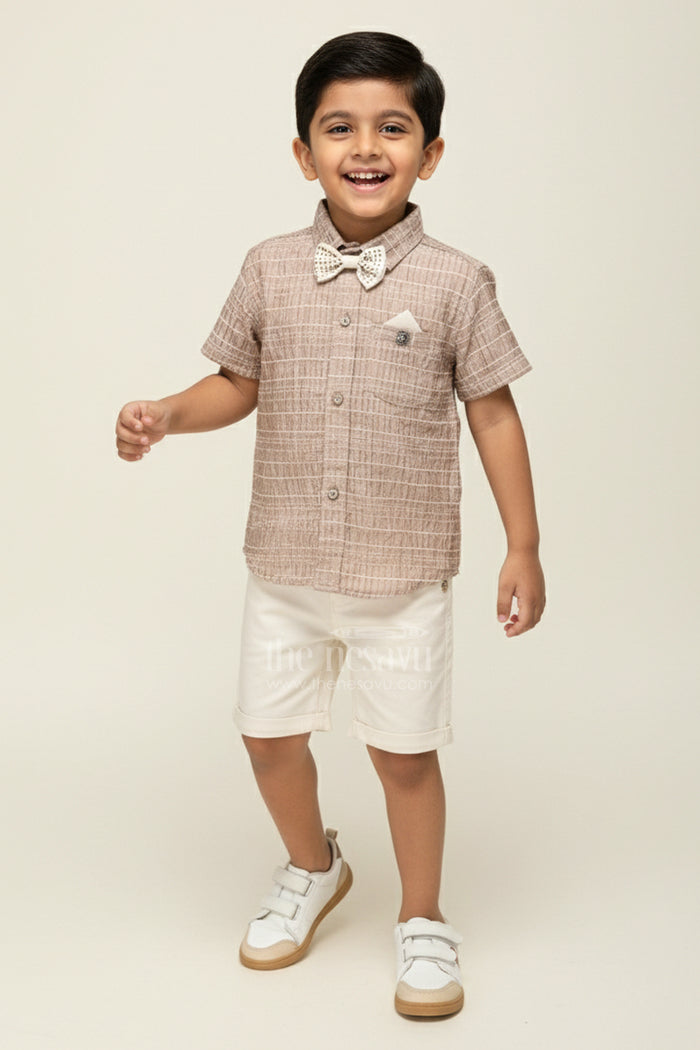 The Nesavu Boys Casual Set Toddler Boys Summer Outfit with Bow Tie for Family Functions Nesavu 14 (6M) / Cream BCS415B-14 Nesavu toddler boys casual outfit bow tie shirt family outings summer events