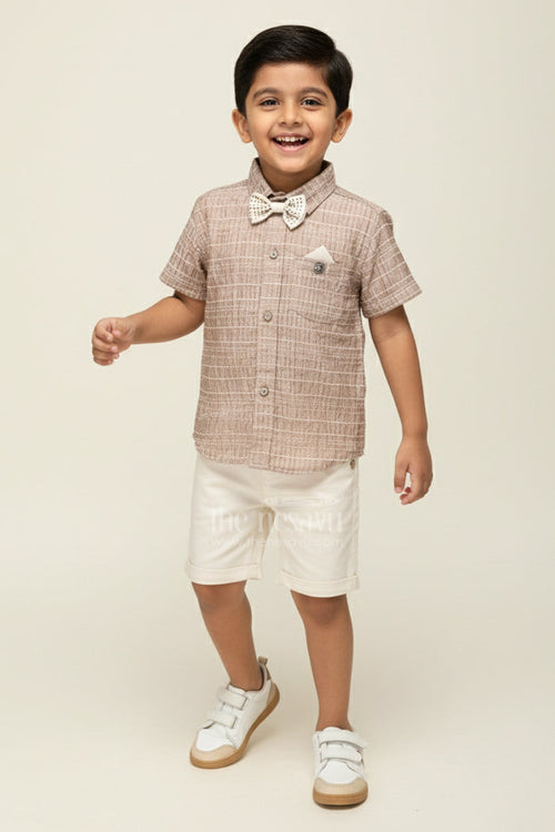 The Nesavu Boys Casual Set Toddler Boys Summer Outfit with Bow Tie for Family Functions Nesavu 14 (6M) / Cream BCS415B-14 Nesavu toddler boys casual outfit bow tie shirt family outings summer events