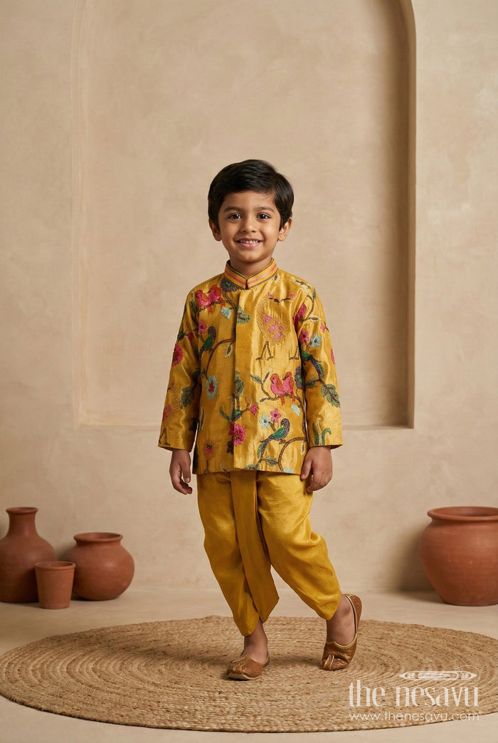 The Nesavu Boys Dothi Set Toddler Boys Thread Embroidered Dhoti Set for Weddings and Cultural Functions Nesavu 10 (NB) / Yellow / Viscose Silk BES945A-10 Nesavu toddler boys viscose silk dhoti set with bird and floral embroidery for festive wear