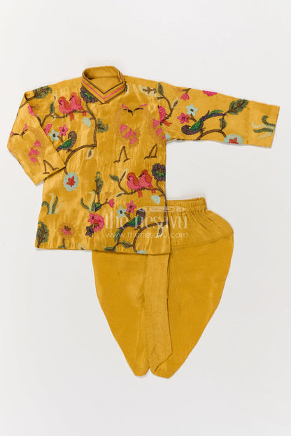The Nesavu Boys Dothi Set Toddler Boys Thread Embroidered Dhoti Set for Weddings and Cultural Functions Nesavu 10 (NB) / Yellow / Viscose Silk BES945A-10 Nesavu toddler boys viscose silk dhoti set with bird and floral embroidery for festive wear