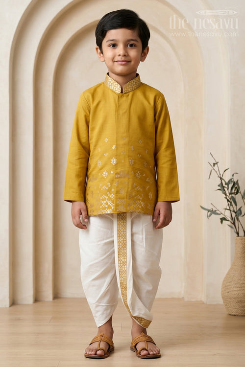 The Nesavu Boys Dothi Set Toddler Boys Traditional Dothi Outfit for Festive Celebrations Nesavu 10 (NB) / Yellow / Viscose Silk BES1018B-10 Nesavu Toddler Boys Traditional Dothi Outfit For Weddings And Festive Ethnic Celebrations