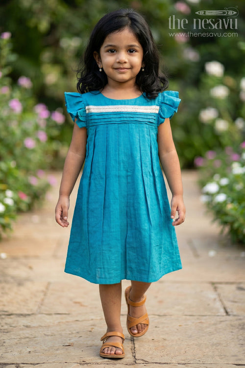 The Nesavu Girls Chanderi Frock Toddler Girl Chanderi Cotton Frock with Lace Yoke for Poojas and Festive Days Nesavu 10 (NB) / Turquoise / Chanderi GFC2096C-10 Nesavu toddler girl chanderi frock with pleated lace yoke for poojas and ethnic school events