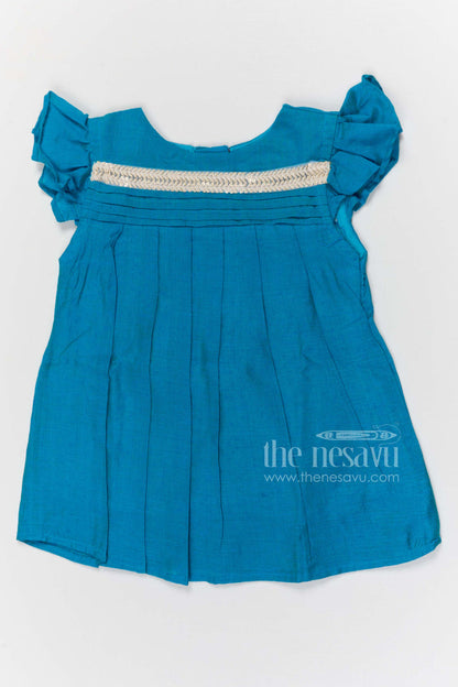The Nesavu Girls Chanderi Frock Toddler Girl Chanderi Cotton Frock with Lace Yoke for Poojas and Festive Days Nesavu 10 (NB) / Turquoise / Chanderi GFC2096C-10 Nesavu toddler girl chanderi frock with pleated lace yoke for poojas and ethnic school events