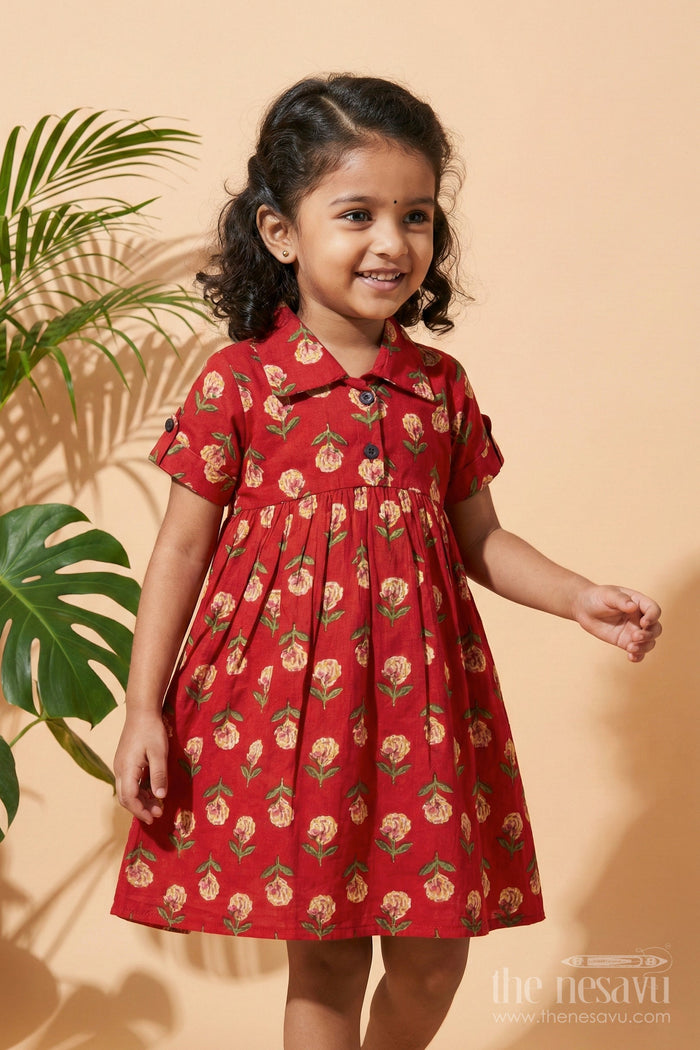 The Nesavu Girls Cotton Frock Toddler Girl Cotton Frock for Everyday Festive Charm Nesavu Nesavu toddler girl red cotton frock with floral print and collar – for casual festive occasions