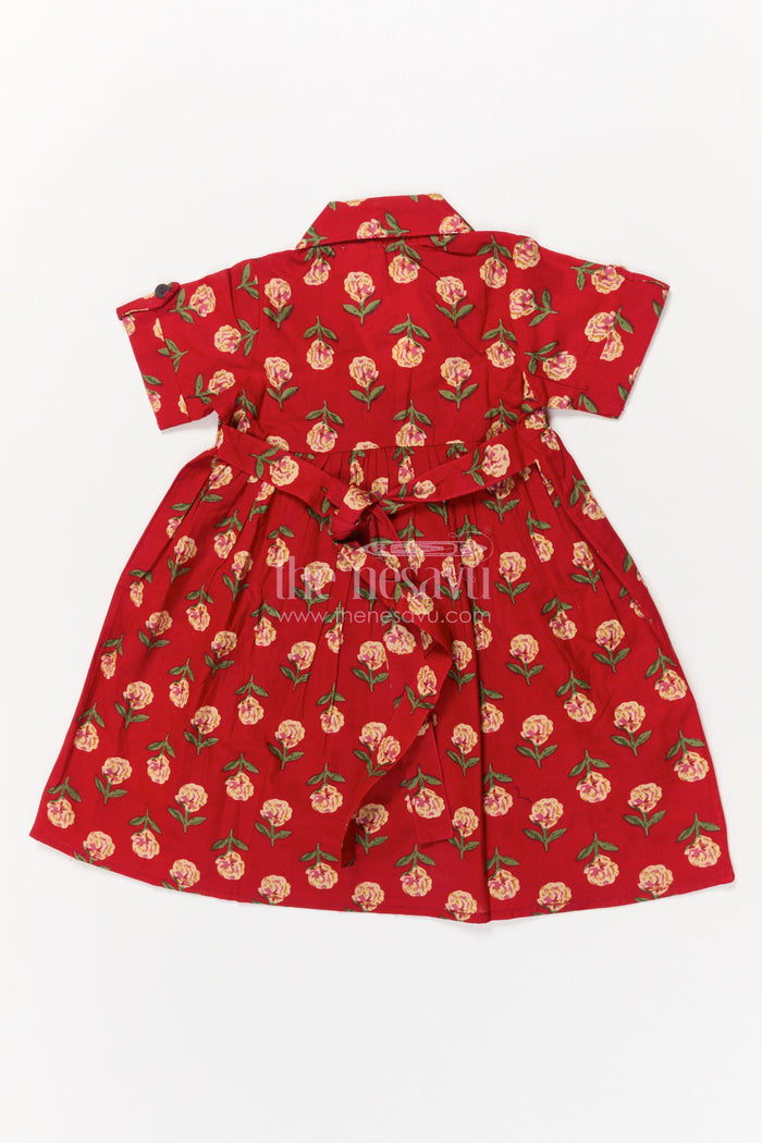 The Nesavu Girls Cotton Frock Toddler Girl Cotton Frock for Everyday Festive Charm Nesavu Nesavu toddler girl red cotton frock with floral print and collar – for casual festive occasions