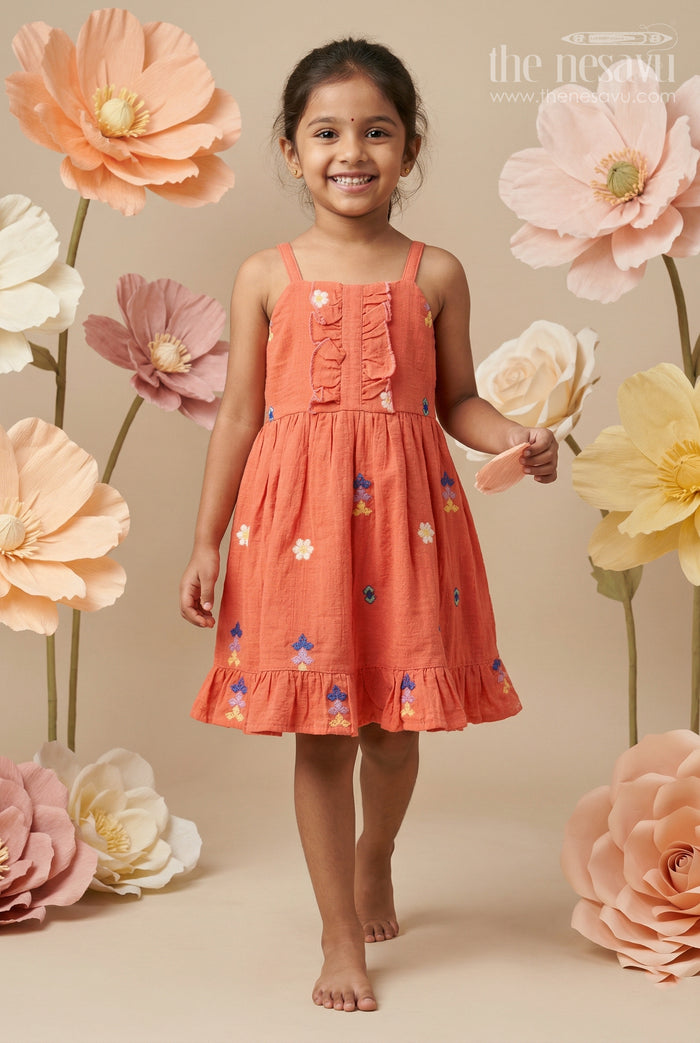 The Nesavu Girls Cotton Frock Toddler Girl Dress for Casual Outings and Everyday Comfort Nesavu 14 (6M) / Orange / Muslin Cotton GFC2186B-14 Nesavu Toddler Girl Muslin Cotton Dress For Casual Outings With Thread Embroidery And Breathable Comfort