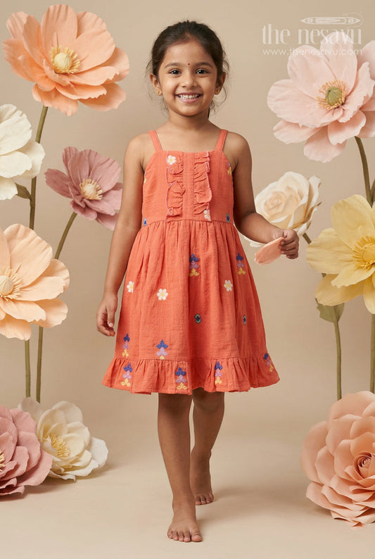 The Nesavu Girls Cotton Frock Toddler Girl Dress for Casual Outings and Everyday Comfort Nesavu 14 (6M) / Orange / Muslin Cotton GFC2186B-14 Nesavu Toddler Girl Muslin Cotton Dress For Casual Outings With Thread Embroidery And Breathable Comfort