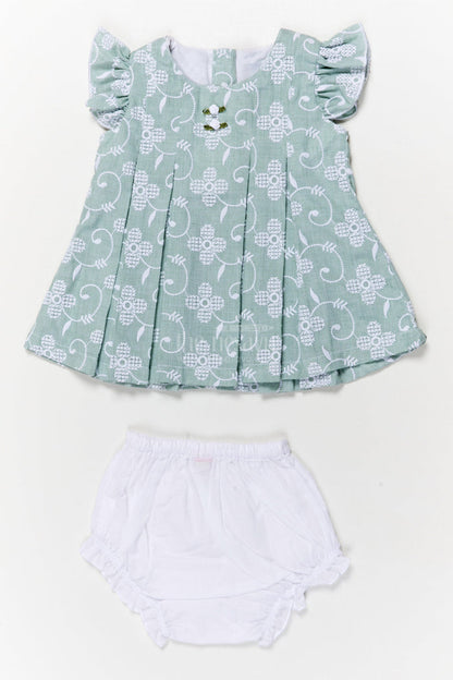 The Nesavu Baby Cotton Frocks Toddler Girl Embroidered Frock Set with Bloomers for Summer Days Nesavu 12 (3M) / Green BFJ886B-12 Nesavu toddler girl cotton frock set with thread embroidery and bloomers for casual summer wear