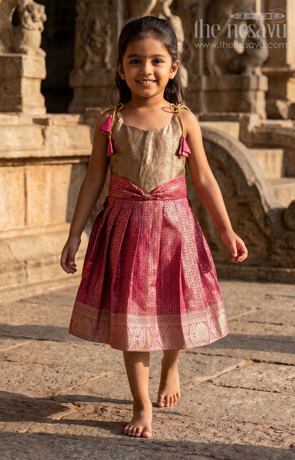The Nesavu Tie-up Frock Toddler Girl Festive Frock for Family Celebrations Nesavu 16 (1Y) / Gold / Semi Banarasi T442A-16 Nesavu Toddler Girl Semi Banaras Frock With Tissue Silk Yoke For Festive Occasions