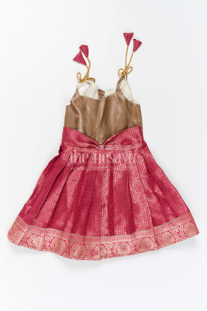 The Nesavu Tie-up Frock Toddler Girl Festive Frock for Family Celebrations Nesavu Nesavu Toddler Girl Semi Banaras Frock With Tissue Silk Yoke For Festive Occasions
