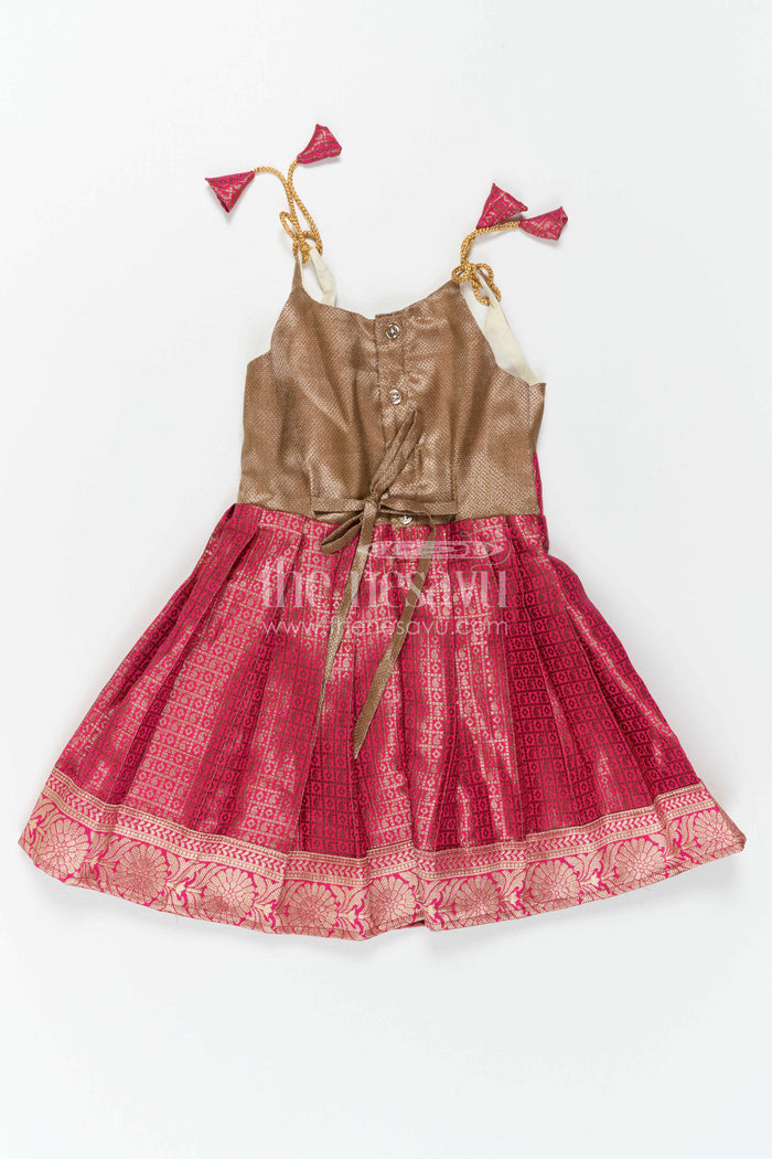 The Nesavu Tie-up Frock Toddler Girl Festive Frock for Family Celebrations Nesavu Nesavu Toddler Girl Semi Banaras Frock With Tissue Silk Yoke For Festive Occasions
