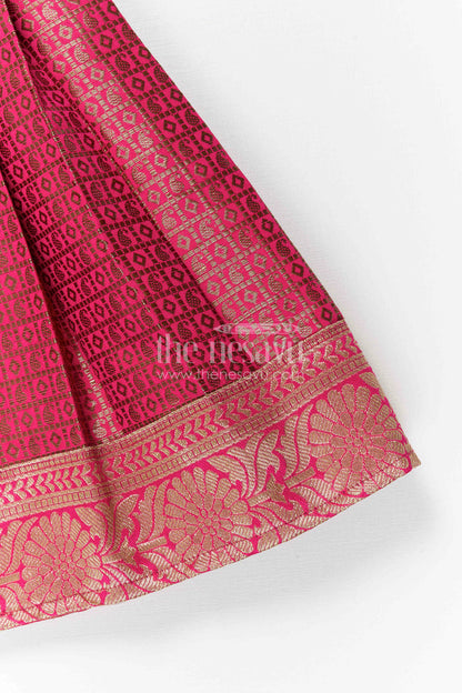 The Nesavu Tie-up Frock Toddler Girl Festive Frock for Family Celebrations Nesavu Nesavu Toddler Girl Semi Banaras Frock With Tissue Silk Yoke For Festive Occasions