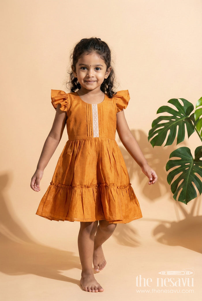The Nesavu Girls Chanderi Frock Toddler Girl Festive Frock for Pooja and Traditional Functions Nesavu 18 (2Y) / Yellow / Chanderi GFC2071A-18 Nesavu toddler girl festive frock in Chanderi cotton for pooja and traditional occasions