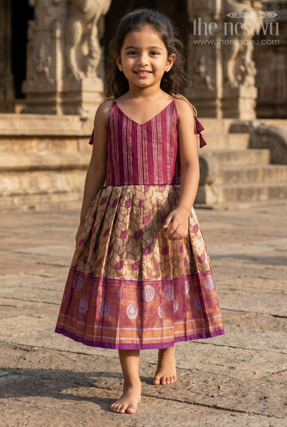 The Nesavu Tie-up Frock Toddler Girl Festive Tie up Dress for Traditional Celebrations Nesavu 18 (2Y) / Maroon / Semi Banarasi T433B-18 Nesavu Toddler Girl Festive Tie Up Dress With Woven Border For Wedding Celebrations