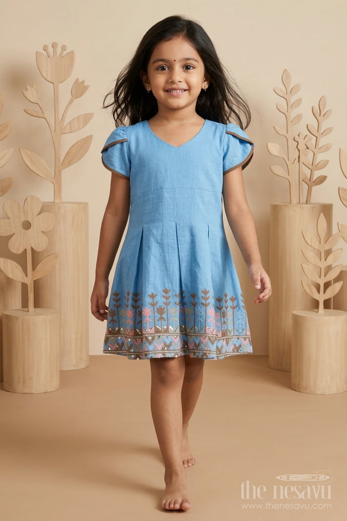 The Nesavu Girls Cotton Frock Toddler Girl Frock for Birthday Celebrations and Family Functions Nesavu 20 (3Y) / Blue / Cotton GFC2138B-20 Nesavu toddler girl cotton crepe frock for birthday celebrations and festive occasions with thread embroidery