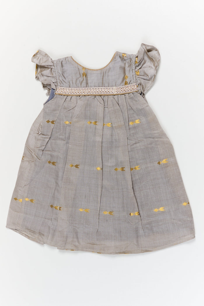 The Nesavu Girls Chanderi Frock Toddler Girl Frock for Weddings and Milestone Photoshoots Nesavu 18 (2Y) / Gray / Viscose Silk GFC2102A-18 Nesavu toddler girl silk frock with golden butti for weddings and special photoshoot moments