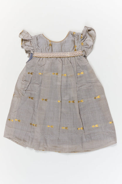 The Nesavu Girls Chanderi Frock Toddler Girl Frock for Weddings and Milestone Photoshoots Nesavu 18 (2Y) / Gray / Viscose Silk GFC2102A-18 Nesavu toddler girl silk frock with golden butti for weddings and special photoshoot moments