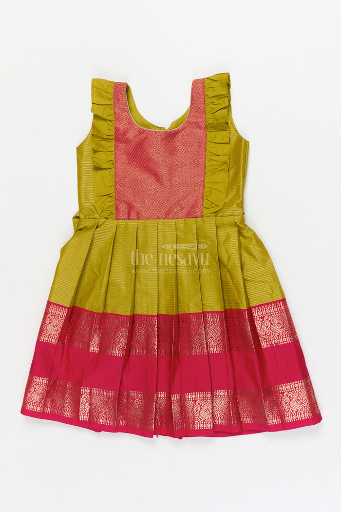 The Nesavu Girls Kanchi Silk Frock Toddler Girl Kanchi Silk Frock for Cultural Festivals and Ethnic Family Functions Nesavu 22 (4Y) / Yellow / Style 2 KSF033BB-22 Nesavu toddler girl Kanchi silk frock for festive days, temple visits, and traditional gatherings