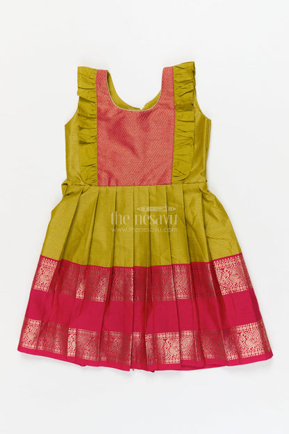 The Nesavu Girls Kanchi Silk Frock Toddler Girl Kanchi Silk Frock for Cultural Festivals and Ethnic Family Functions Nesavu 22 (4Y) / Yellow / Style 2 KSF033BB-22 Nesavu toddler girl Kanchi silk frock for festive days, temple visits, and traditional gatherings