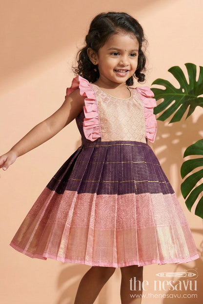 The Nesavu Girls Kanchi Silk Frock Toddler Girl Kanchi Silk Frock for Weddings and Traditional Day Celebrations Nesavu 10 (NB) / Purple / Style 1 KSF034CA-10 Nesavu toddler girl Kanchi silk frock for weddings, cultural events, and traditional school celebrations