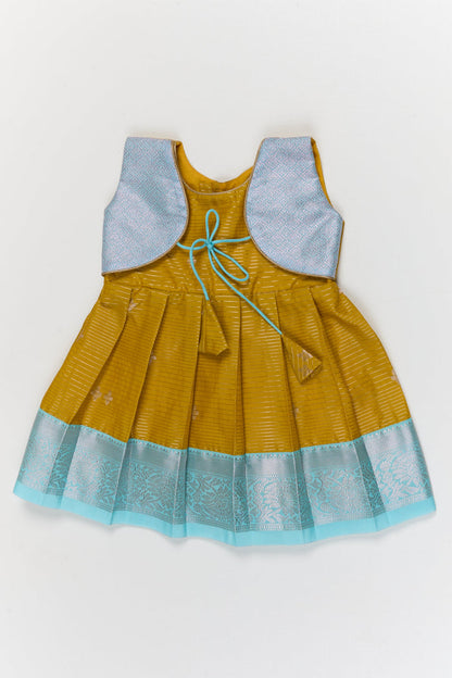 The Nesavu Girls Kanchi Silk Frock Toddler Girl Kanchipuram Silk Frock for Weddings and Festive Functions Nesavu 10 (NB) / Yellow / Style 1 KSF012AA-10 Nesavu kanchipuram silk frock for toddler girls with pleats and festive jacket design