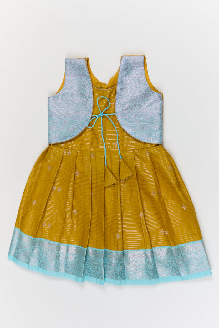 The Nesavu Girls Kanchi Silk Frock Toddler Girl Kanchipuram Silk Frock for Weddings and Festive Functions Nesavu 10 (NB) / Yellow / Style 2 KSF012AB-10 Nesavu kanchipuram silk frock for toddler girls with pleats and festive jacket design