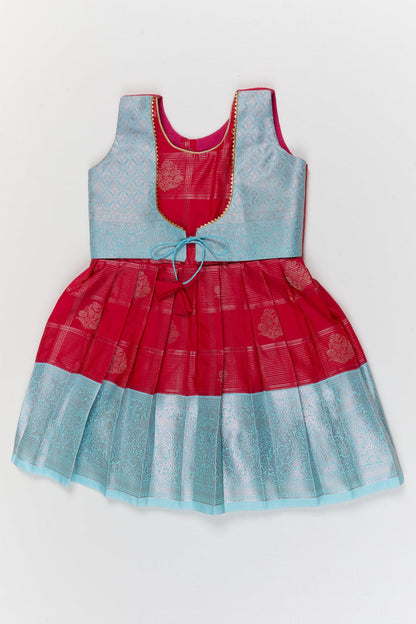 The Nesavu Girls Kanchi Silk Frock Toddler Girl Kanchipuram Silk Frock for Weddings and Traditional Events Nesavu 10 (NB) / Red / Style 2 KSF038AB-10 Nesavu toddler kanchipuram silk frock with pleats and festive jacket for traditional functions