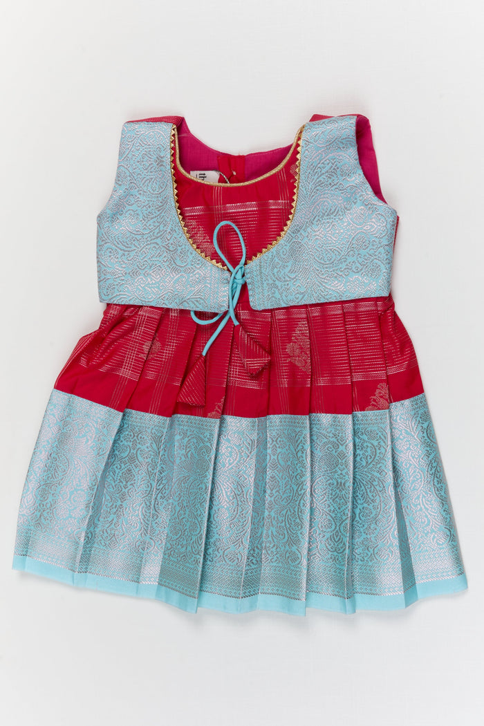 The Nesavu Girls Kanchi Silk Frock Toddler Girl Kanchipuram Silk Frock for Weddings and Traditional Events Nesavu 10 (NB) / Red / Style 3 KSF038AC-10 Nesavu toddler kanchipuram silk frock with pleats and festive jacket for traditional functions
