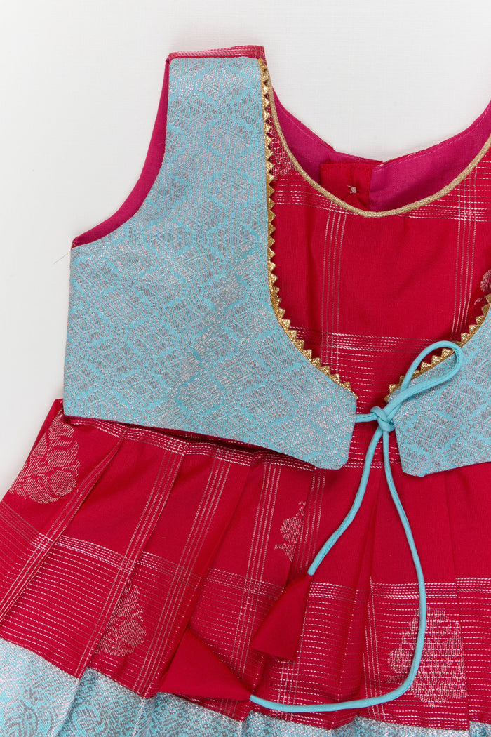 The Nesavu Girls Kanchi Silk Frock Toddler Girl Kanchipuram Silk Frock for Weddings and Traditional Events Nesavu Nesavu toddler kanchipuram silk frock with pleats and festive jacket for traditional functions