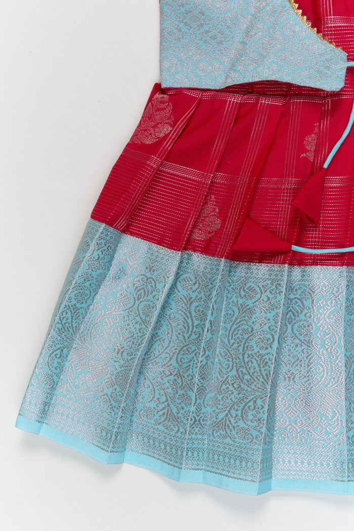 The Nesavu Girls Kanchi Silk Frock Toddler Girl Kanchipuram Silk Frock for Weddings and Traditional Events Nesavu Nesavu toddler kanchipuram silk frock with pleats and festive jacket for traditional functions