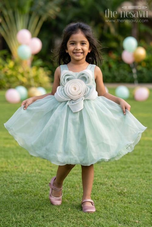 The Nesavu Girls Fancy Party Frock Toddler Girl Party Frock for Birthdays and Photoshoots Nesavu 16 (1Y) / Green / Organza PF293A-16 Nesavu toddler girl organza party frock for birthdays and photoshoots with floral detail and layered skirt