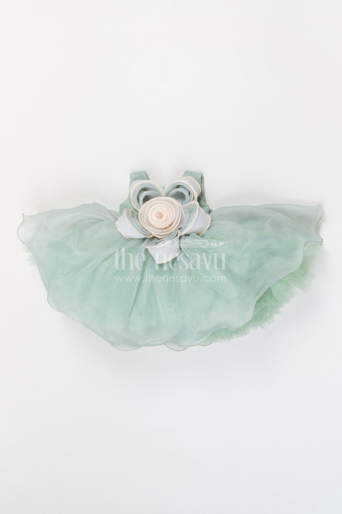 The Nesavu Girls Fancy Party Frock Toddler Girl Party Frock for Birthdays and Photoshoots Nesavu 16 (1Y) / Green / Organza PF293A-16 Nesavu toddler girl organza party frock for birthdays and photoshoots with floral detail and layered skirt