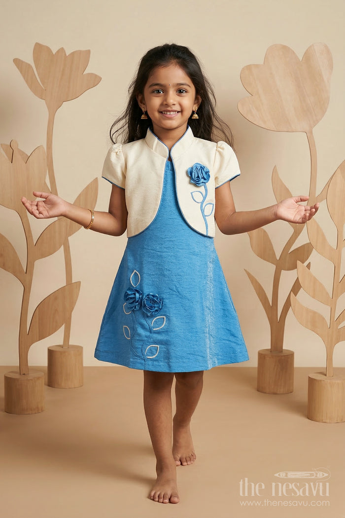 The Nesavu Girls Cotton Frock Toddler Girl Party Frock with Embellished Jacket for Celebrations Nesavu 20 (3Y) / Blue / Georgette GFC2139B-20 Nesavu toddler girl georgette party frock with flower embellished jacket for birthdays and celebrations