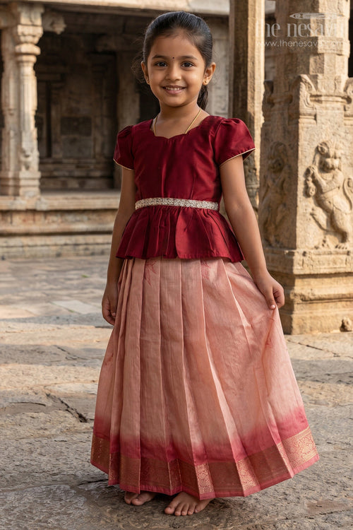 The Nesavu Pattu Pavadai Toddler Girl Pattu Pavadai for Traditional Functions and Festive Wear Nesavu 18 (2Y) / Red / Banarasi GPP377B-18 Nesavu toddler girl pattu pavadai for festive wear and traditional functions with semi banaras silk comfort fit