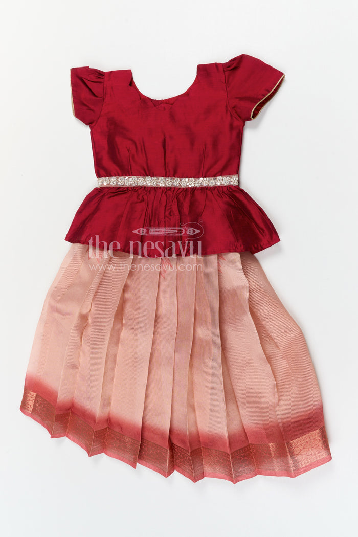 The Nesavu Pattu Pavadai Toddler Girl Pattu Pavadai for Traditional Functions and Festive Wear Nesavu 18 (2Y) / Red / Banarasi GPP377B-18 Nesavu toddler girl pattu pavadai for festive wear and traditional functions with semi banaras silk comfort fit