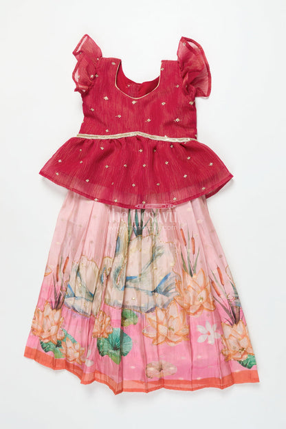 The Nesavu Pattu Pavadai Toddler Girl Pattu Pavadai with Floral Skirt and Semi Banaras Yoke Nesavu 18 (2Y) / Pink GPP342A-18 Nesavu toddler girl pink floral pattu pavadai with semi Banaras blouse for traditional occasions