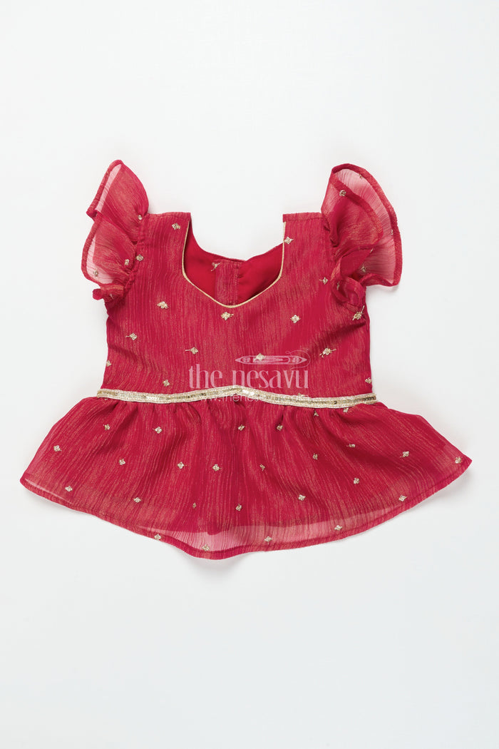 The Nesavu Pattu Pavadai Toddler Girl Pattu Pavadai with Floral Skirt and Semi Banaras Yoke Nesavu Nesavu toddler girl pink floral pattu pavadai with semi Banaras blouse for traditional occasions