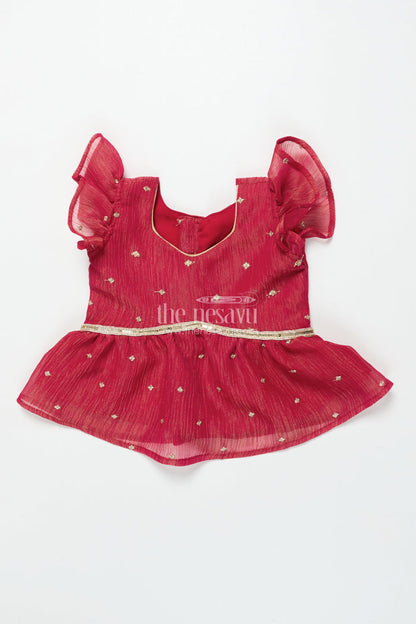 The Nesavu Pattu Pavadai Toddler Girl Pattu Pavadai with Floral Skirt and Semi Banaras Yoke Nesavu Nesavu toddler girl pink floral pattu pavadai with semi Banaras blouse for traditional occasions