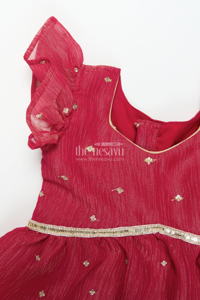 The Nesavu Pattu Pavadai Toddler Girl Pattu Pavadai with Floral Skirt and Semi Banaras Yoke Nesavu Nesavu toddler girl pink floral pattu pavadai with semi Banaras blouse for traditional occasions