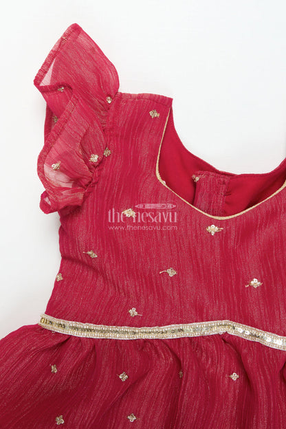 The Nesavu Pattu Pavadai Toddler Girl Pattu Pavadai with Floral Skirt and Semi Banaras Yoke Nesavu Nesavu toddler girl pink floral pattu pavadai with semi Banaras blouse for traditional occasions