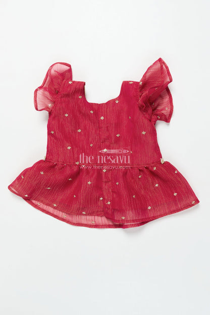 The Nesavu Pattu Pavadai Toddler Girl Pattu Pavadai with Floral Skirt and Semi Banaras Yoke Nesavu Nesavu toddler girl pink floral pattu pavadai with semi Banaras blouse for traditional occasions