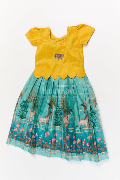 The Nesavu Pattu Pavadai Toddler Girl Pattu Pavadai with Raw Silk Yoke and Art Silk Skirt for Celebration Nesavu 18 (2Y) / Yellow GPP354A-18 Nesavu toddler girl pattu pavadai with raw silk yoke and semi Banaras art silk skirt for family functions