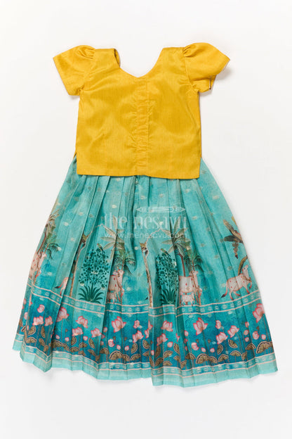 The Nesavu Pattu Pavadai Toddler Girl Pattu Pavadai with Raw Silk Yoke and Art Silk Skirt for Celebration Nesavu Nesavu toddler girl pattu pavadai with raw silk yoke and semi Banaras art silk skirt for family functions