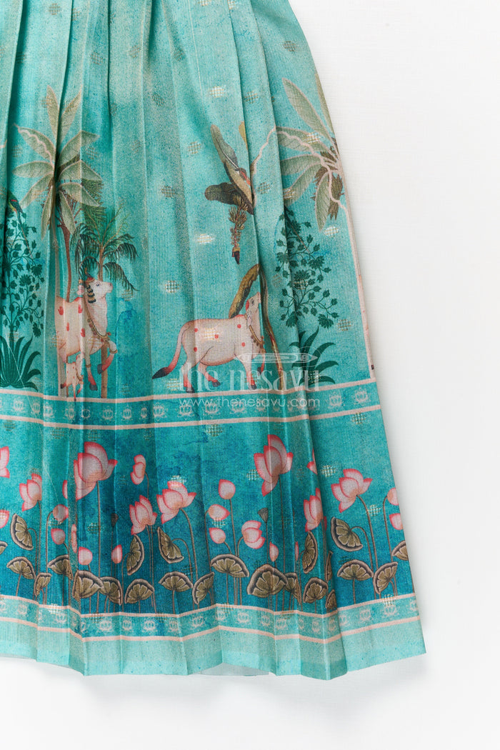 The Nesavu Pattu Pavadai Toddler Girl Pattu Pavadai with Raw Silk Yoke and Art Silk Skirt for Celebration Nesavu Nesavu toddler girl pattu pavadai with raw silk yoke and semi Banaras art silk skirt for family functions