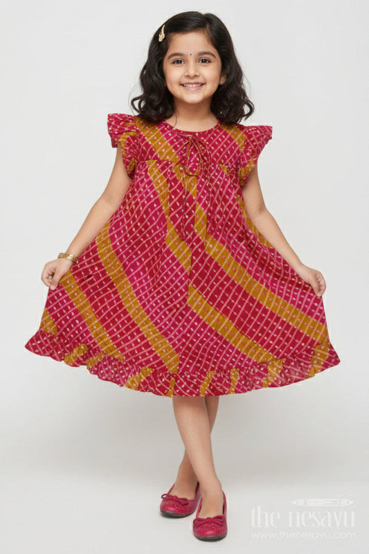 The Nesavu Girls Cotton Frock Toddler Girl Printed Modal Silk Frock for School Functions and Temple Wear Nesavu 18 (2Y) / Red GFC2031A-18 Nesavu toddler girl frock in modal silk with festive digital print for cultural events
